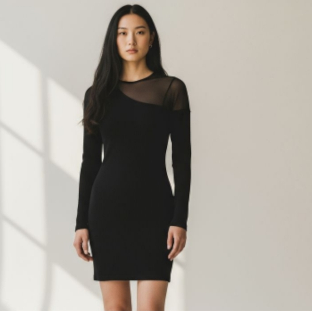 Zara Elegant Black Ribbed Longsleeve Mini Drese Dress XS